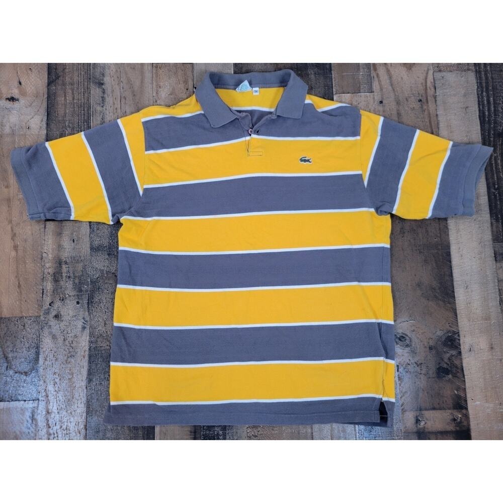 Lacoste Mens 3X Yellow Gray Grey Striped Rugby Style Short Sleeve Casual Polo